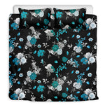 Blue Peony And Grey Rose Floral Print Duvet Cover Bedding Set