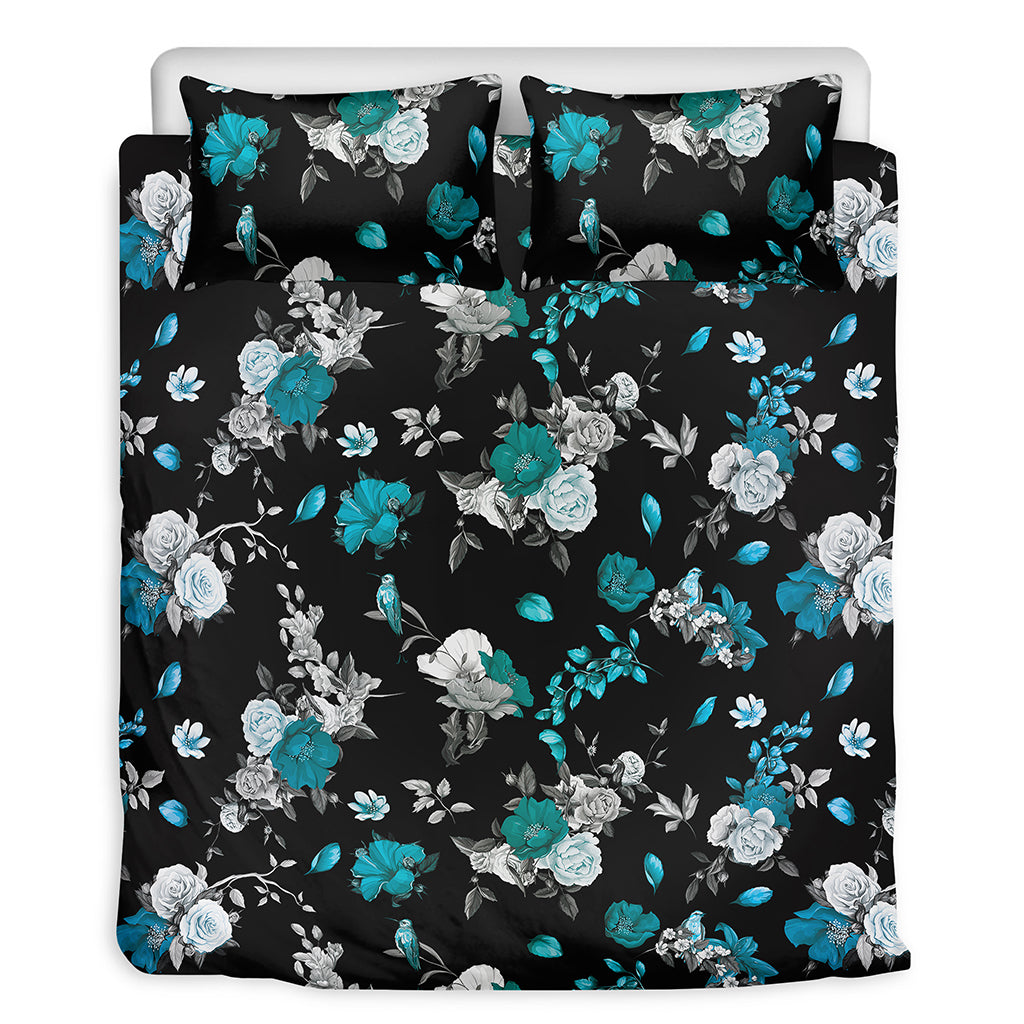 Blue Peony And Grey Rose Floral Print Duvet Cover Bedding Set