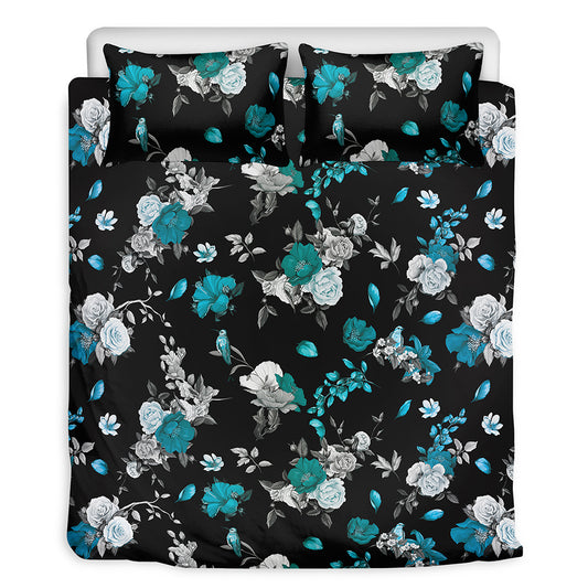 Blue Peony And Grey Rose Floral Print Duvet Cover Bedding Set