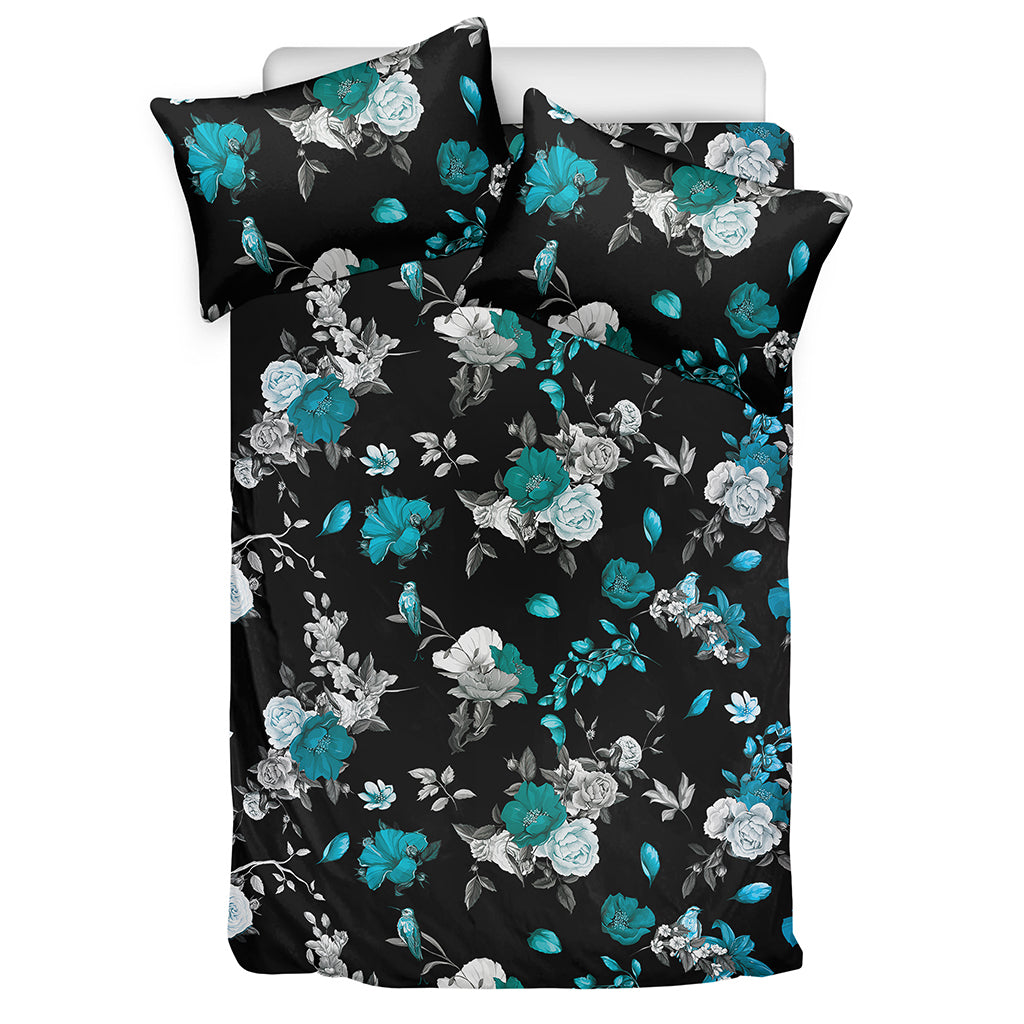 Blue Peony And Grey Rose Floral Print Duvet Cover Bedding Set