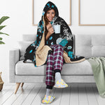 Blue Peony And Grey Rose Floral Print Hooded Blanket