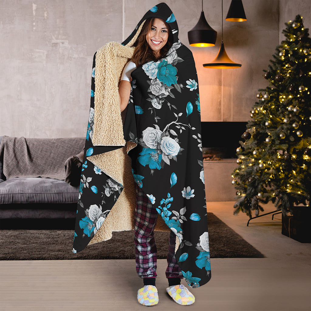 Blue Peony And Grey Rose Floral Print Hooded Blanket