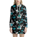 Blue Peony And Grey Rose Floral Print Pullover Hoodie Dress