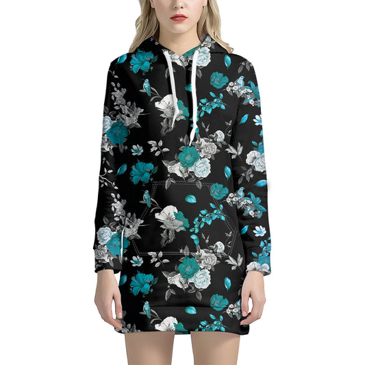 Blue Peony And Grey Rose Floral Print Hoodie Dress