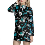 Blue Peony And Grey Rose Floral Print Hoodie Dress
