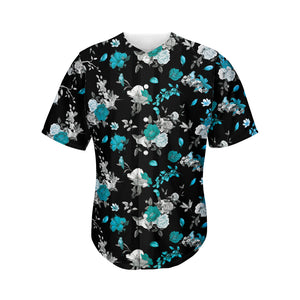 Blue Peony And Grey Rose Floral Print Men's Baseball Jersey