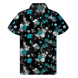 Blue Peony And Grey Rose Floral Print Men's Short Sleeve Shirt