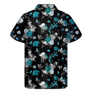 Blue Peony And Grey Rose Floral Print Men's Short Sleeve Shirt