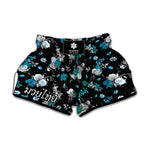 Blue Peony And Grey Rose Floral Print Muay Thai Boxing Shorts