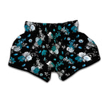 Blue Peony And Grey Rose Floral Print Muay Thai Boxing Shorts