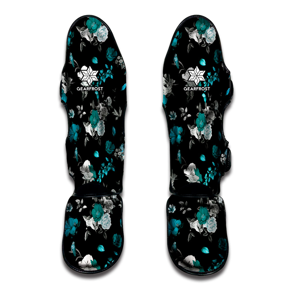 Blue Peony And Grey Rose Floral Print Muay Thai Shin Guard