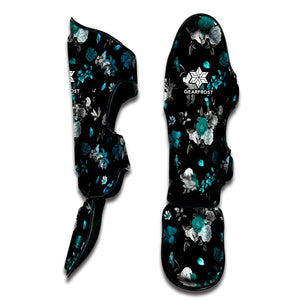 Blue Peony And Grey Rose Floral Print Muay Thai Shin Guard