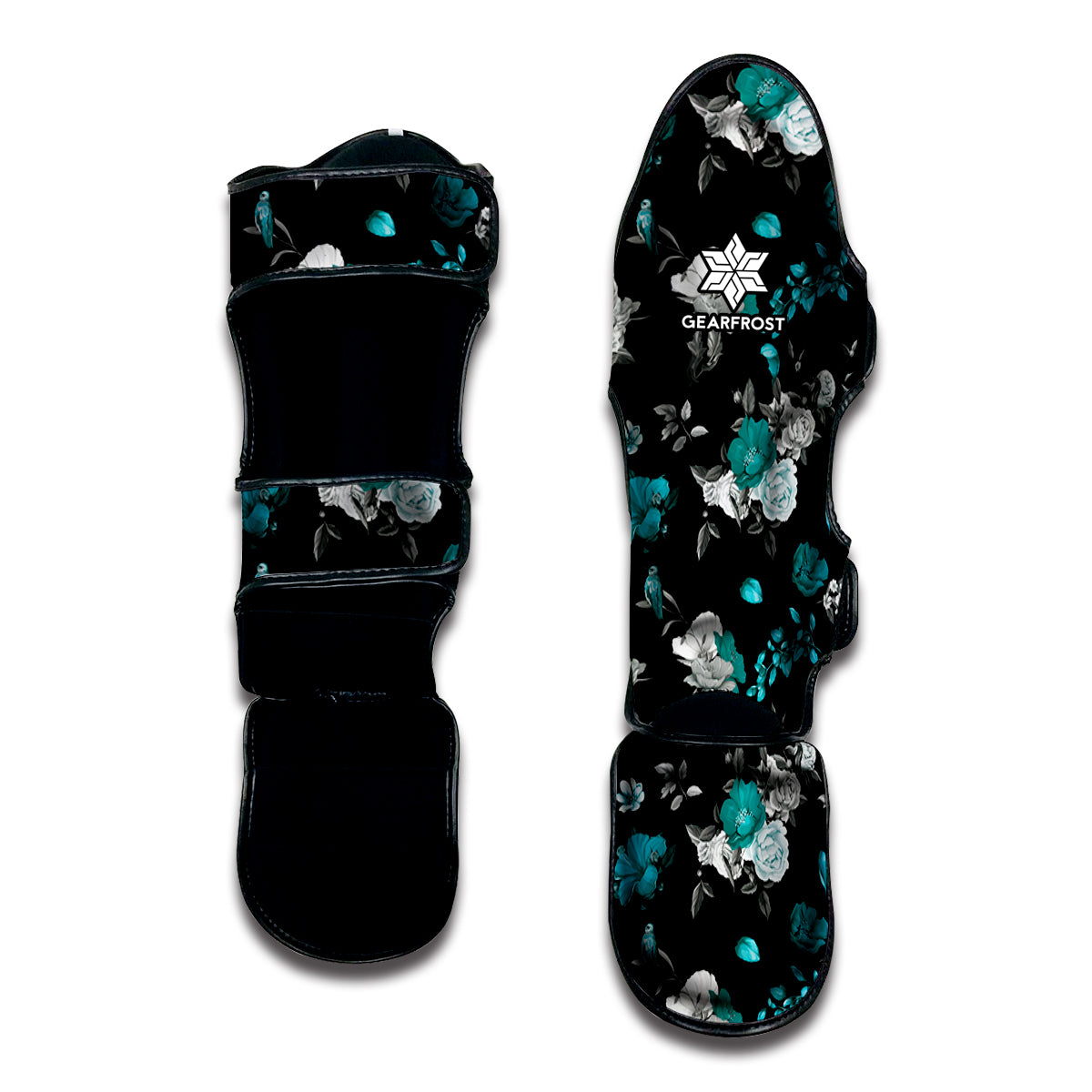 Blue Peony And Grey Rose Floral Print Muay Thai Shin Guard