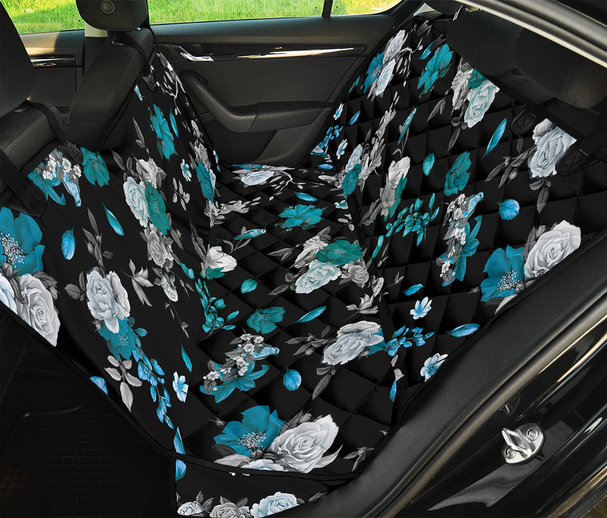 Blue Peony And Grey Rose Floral Print Pet Car Back Seat Cover