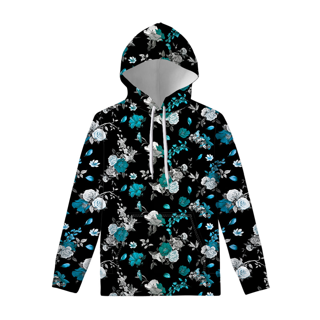 Blue Peony And Grey Rose Floral Print Pullover Hoodie