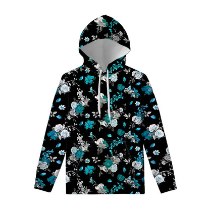 Blue Peony And Grey Rose Floral Print Pullover Hoodie