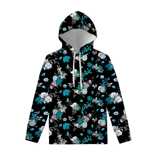 Blue Peony And Grey Rose Floral Print Pullover Hoodie