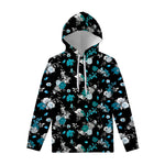 Blue Peony And Grey Rose Floral Print Pullover Hoodie