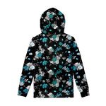 Blue Peony And Grey Rose Floral Print Pullover Hoodie