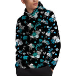 Blue Peony And Grey Rose Floral Print Pullover Hoodie