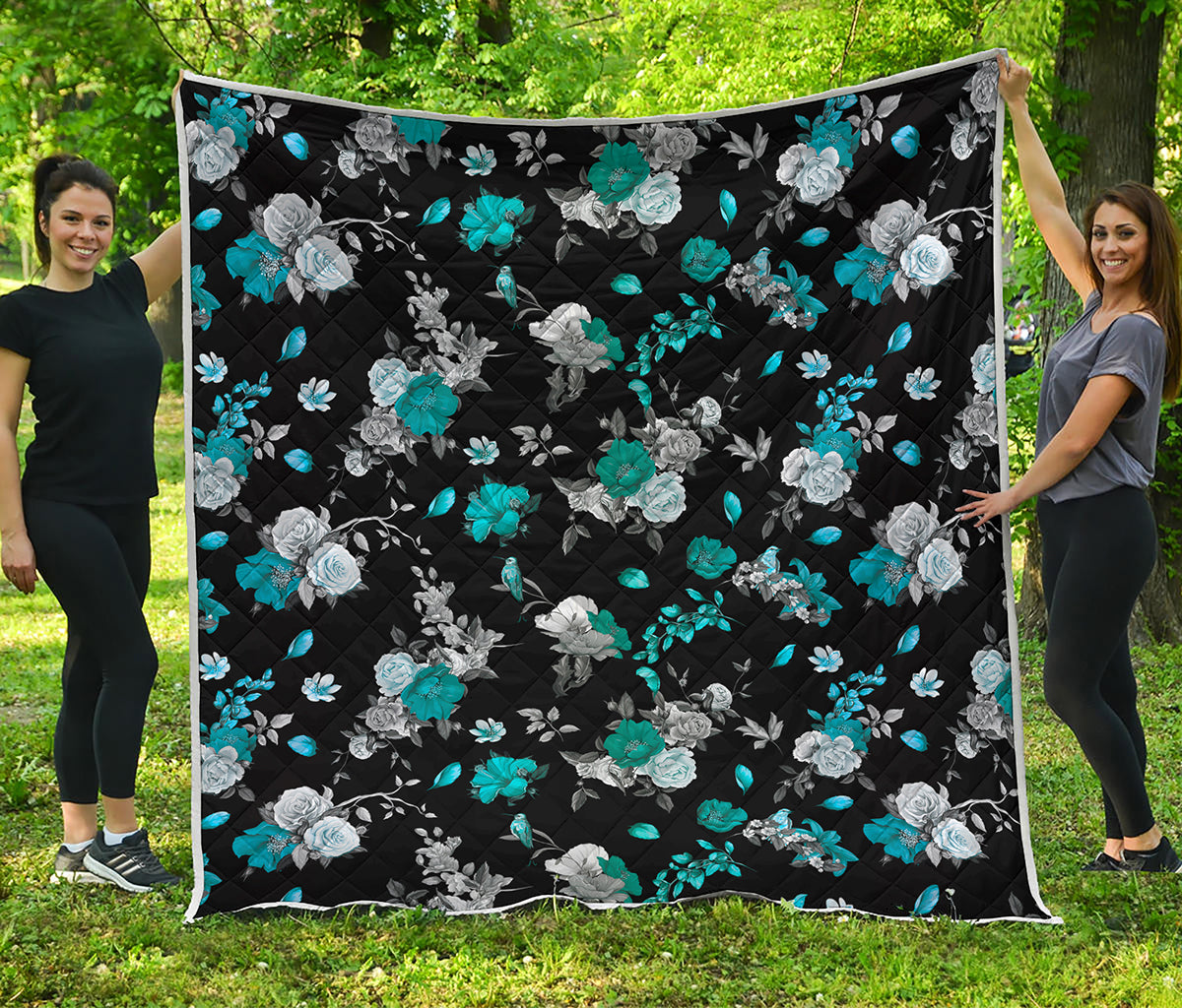 Blue Peony And Grey Rose Floral Print Quilt