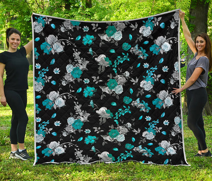 Blue Peony And Grey Rose Floral Print Quilt