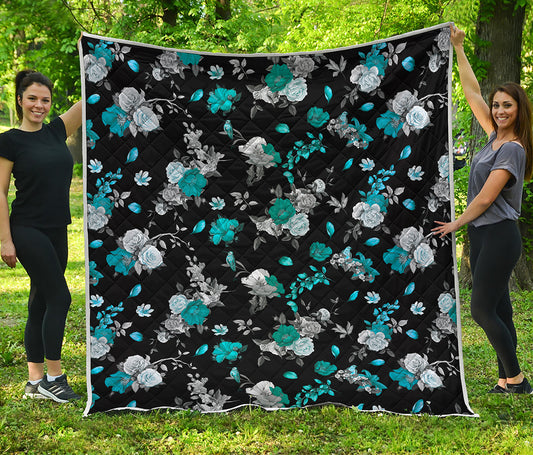 Blue Peony And Grey Rose Floral Print Quilt