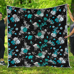 Blue Peony And Grey Rose Floral Print Quilt
