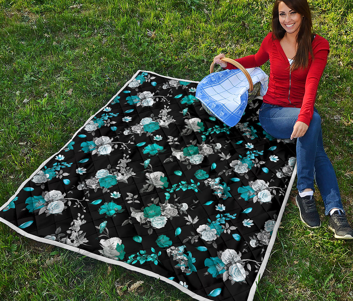 Blue Peony And Grey Rose Floral Print Quilt