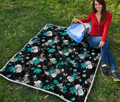 Blue Peony And Grey Rose Floral Print Quilt