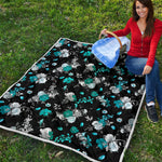 Blue Peony And Grey Rose Floral Print Quilt