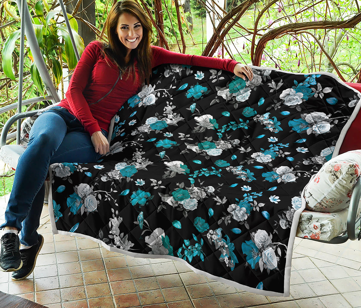 Blue Peony And Grey Rose Floral Print Quilt