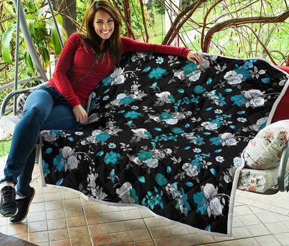 Blue Peony And Grey Rose Floral Print Quilt