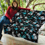 Blue Peony And Grey Rose Floral Print Quilt