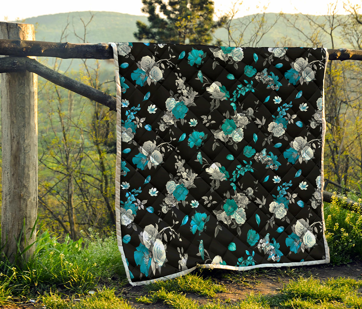 Blue Peony And Grey Rose Floral Print Quilt