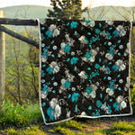 Blue Peony And Grey Rose Floral Print Quilt