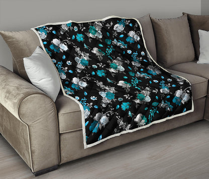 Blue Peony And Grey Rose Floral Print Quilt