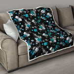 Blue Peony And Grey Rose Floral Print Quilt