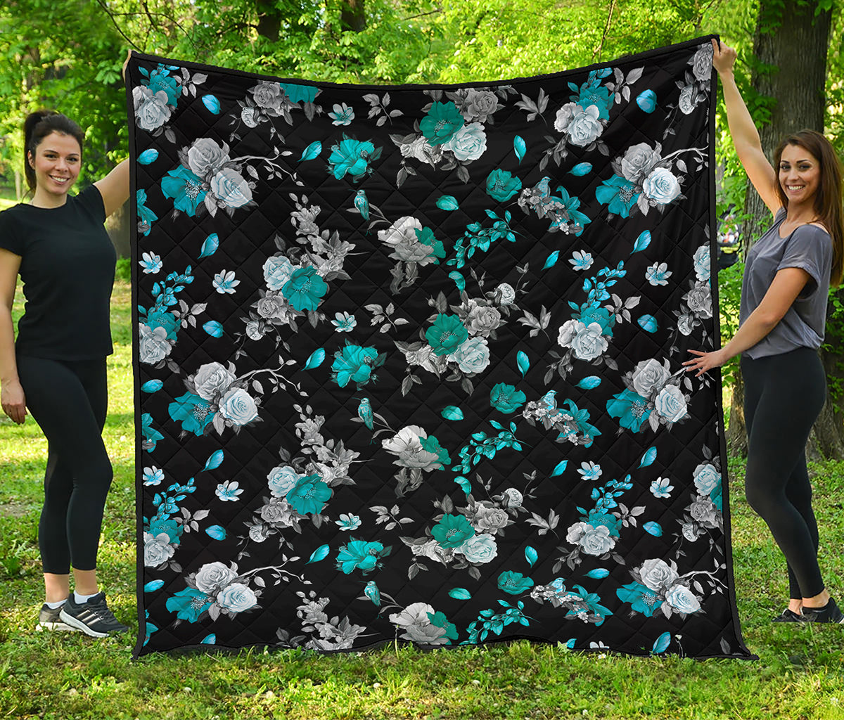 Blue Peony And Grey Rose Floral Print Quilt
