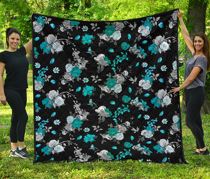 Blue Peony And Grey Rose Floral Print Quilt