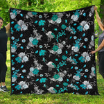 Blue Peony And Grey Rose Floral Print Quilt