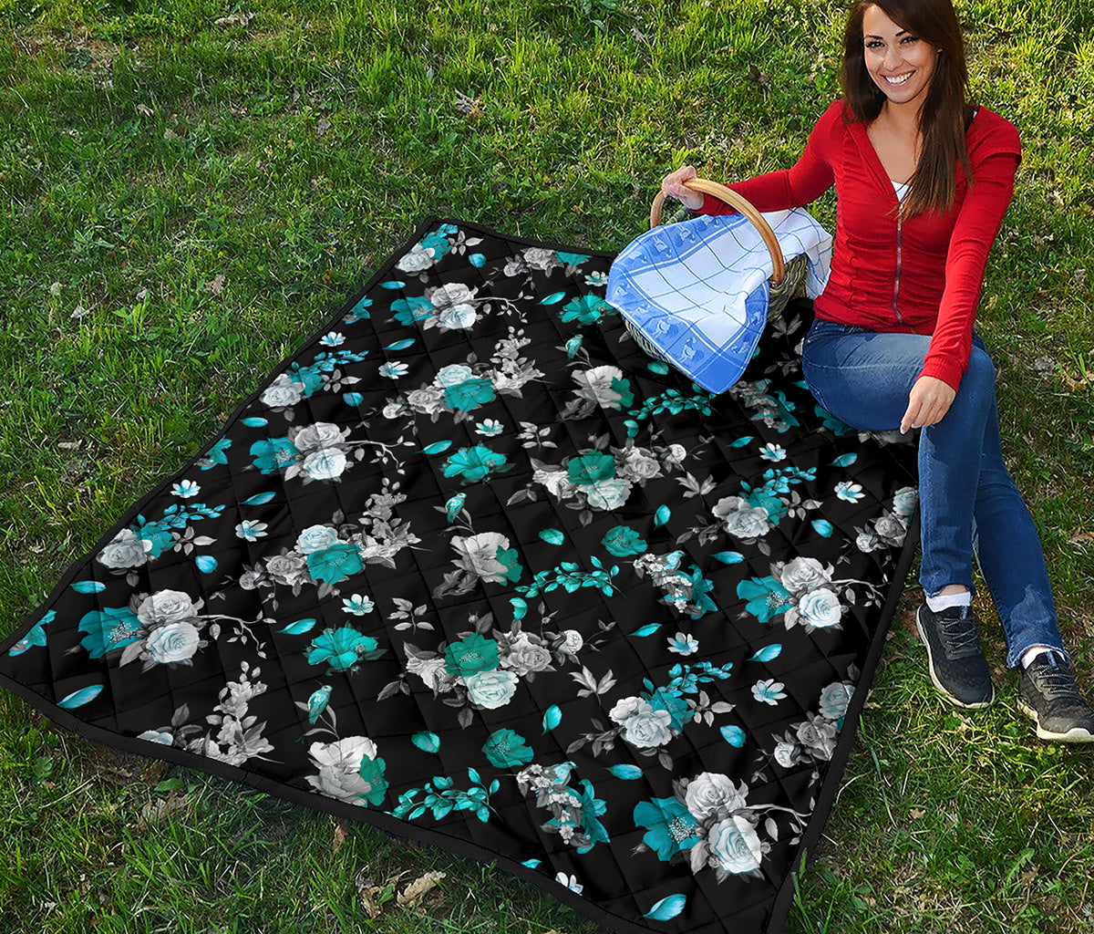 Blue Peony And Grey Rose Floral Print Quilt