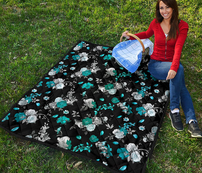 Blue Peony And Grey Rose Floral Print Quilt