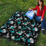 Blue Peony And Grey Rose Floral Print Quilt
