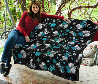 Blue Peony And Grey Rose Floral Print Quilt