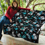 Blue Peony And Grey Rose Floral Print Quilt