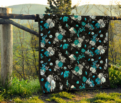 Blue Peony And Grey Rose Floral Print Quilt