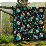 Blue Peony And Grey Rose Floral Print Quilt