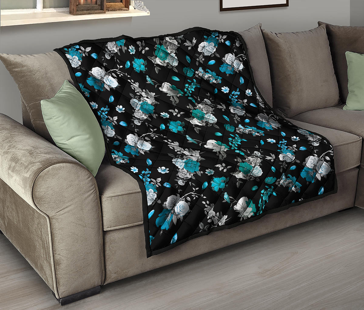 Blue Peony And Grey Rose Floral Print Quilt