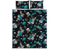 Blue Peony And Grey Rose Floral Print Quilt Bed Set